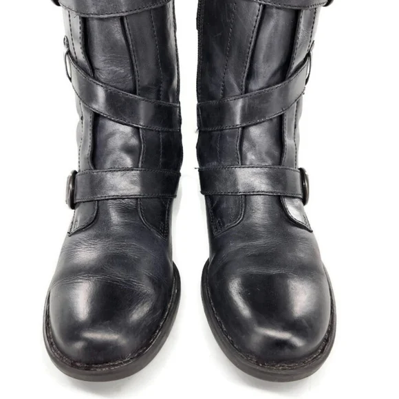 Born Alamid Black Leather Straps & Buckles Calf-High Lug Sole Moto Style Boots - Picture 4 of 12